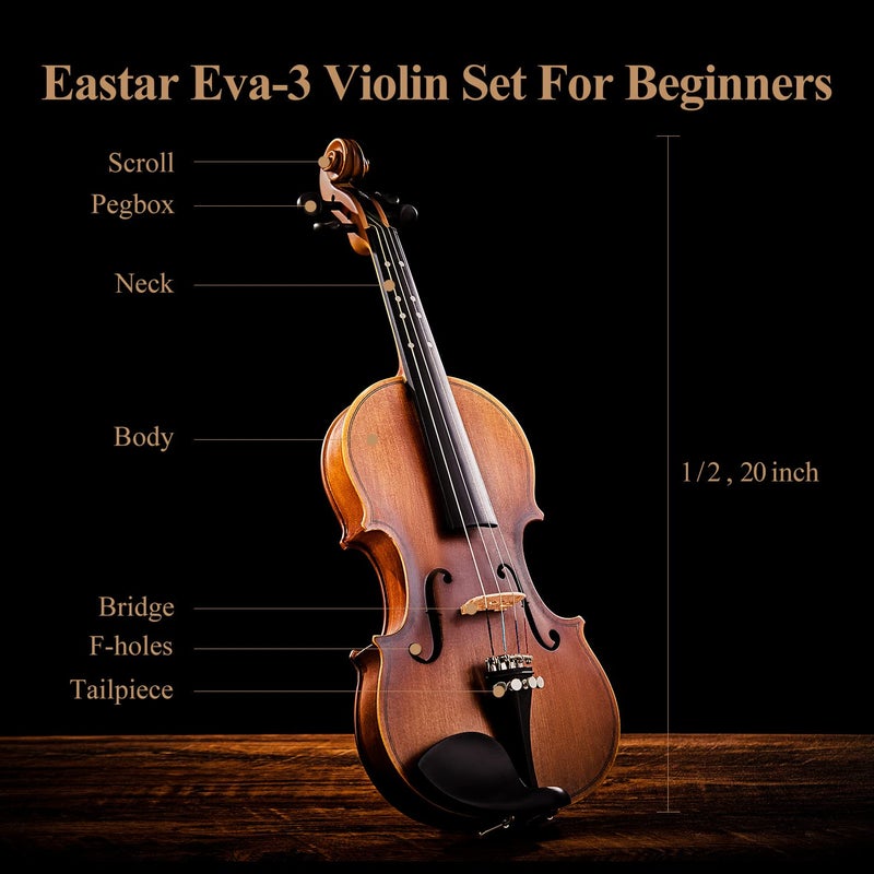 Eastar 1/2 Violin Set Half Size Fiddle EVA-3 Matte for Beginners with Hard Case, Rosin, Shoulder Rest, Bow, and Extra Strings (Imprinted Finger Guide on Fingerboard) - Image 4
